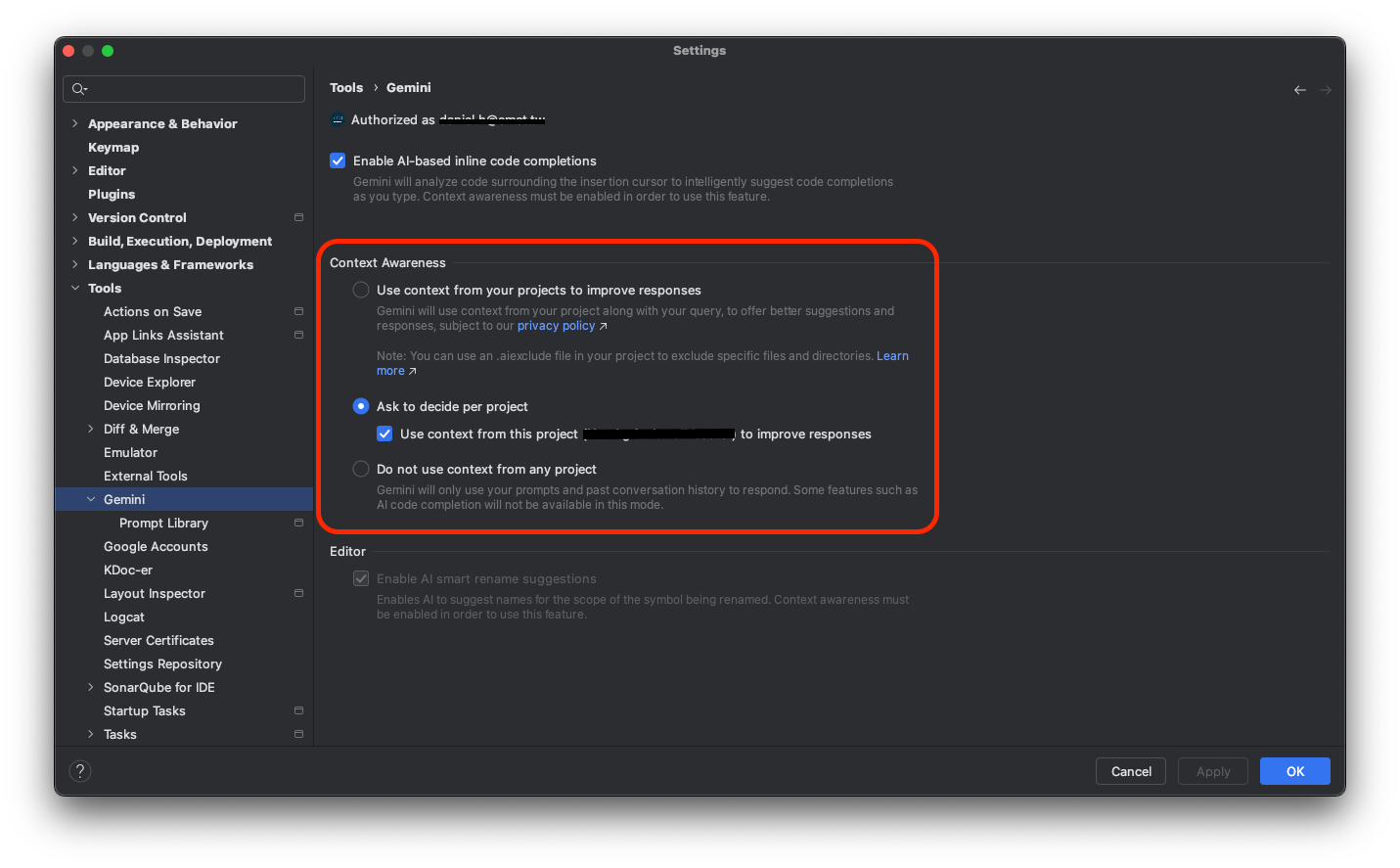 Android Studio Settings / Gemini / Context Awareness